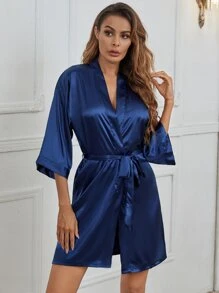 Letter Embroidered Belted Satin Bridesmaid Robe - Navy Blue - View 2