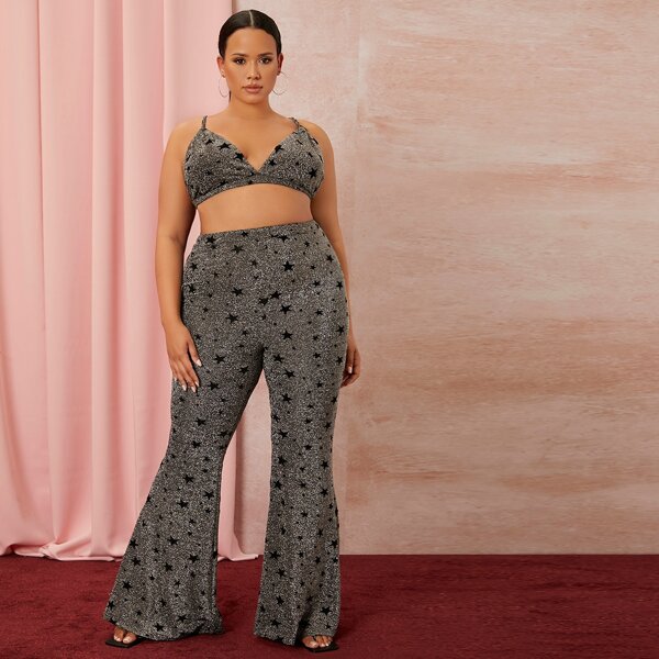 

Plus Allover Star PRINT Bra & Flare Leg Pants Set, Dark grey