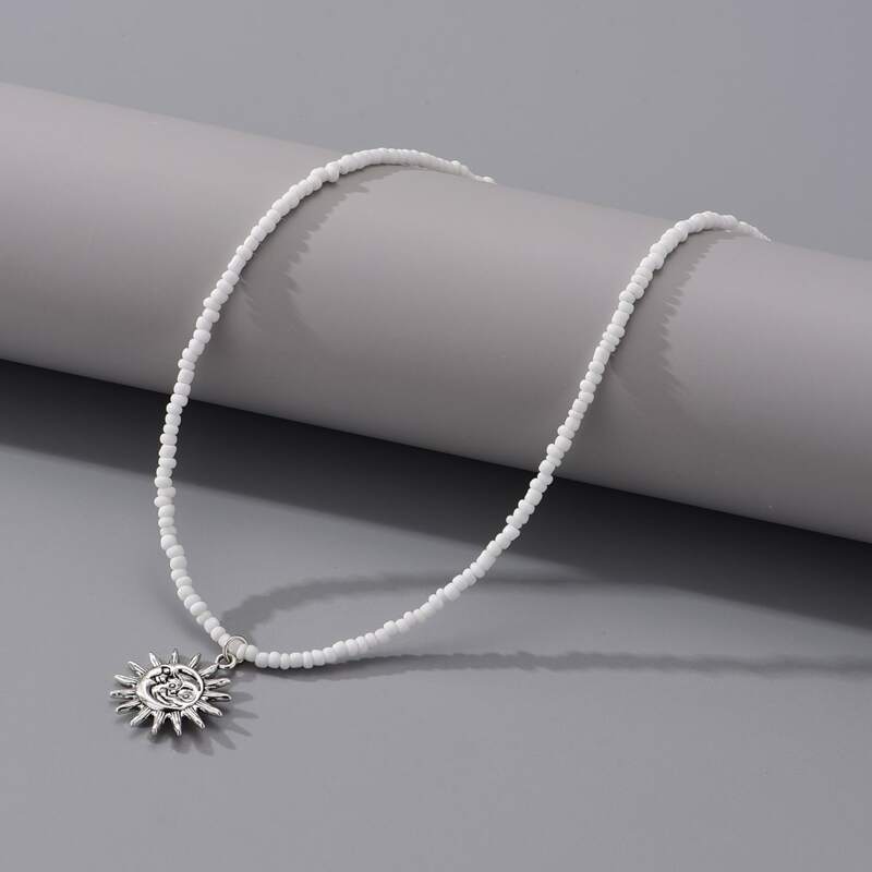 

Guys Sun Pendant Beaded Necklace, Antique silver