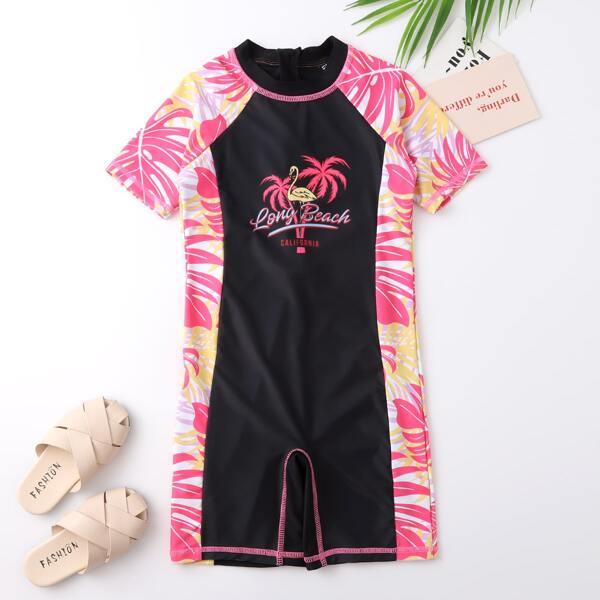 

Girls Flamingo & Tropical Print One Piece Swimsuit, Multicolor
