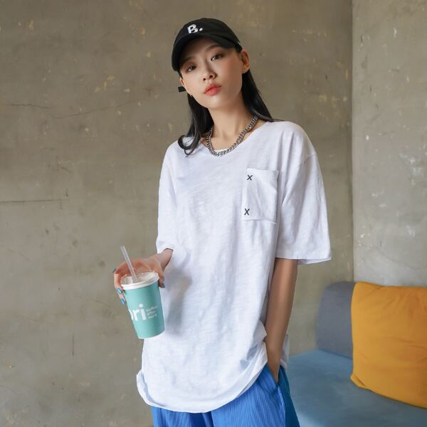 

Drop Shoulder Graphic Patched Pocket Tee, White