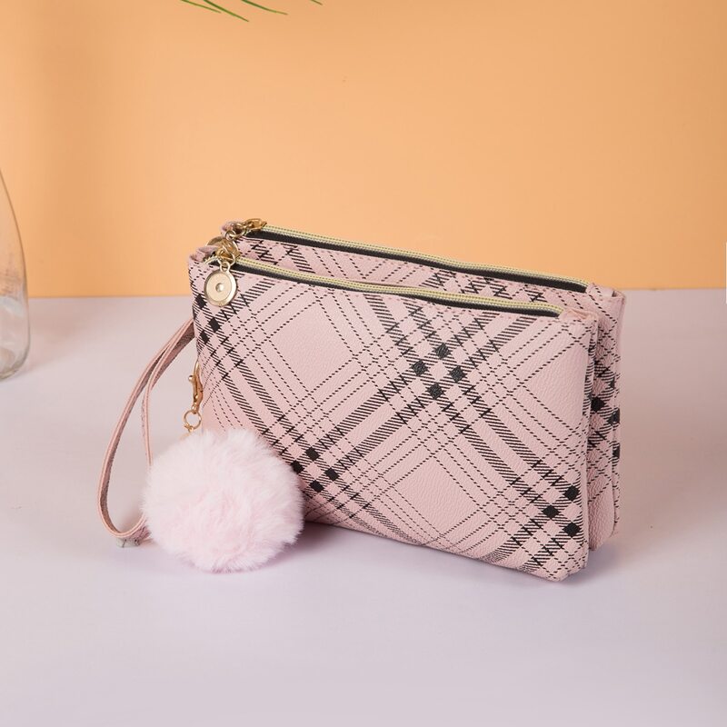 

Plaid Pattern Clutch Bag with Pom Pom Charm, Pink