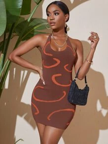 Zolique 圖案印花掛脖緊身毛衣裙 - 咖啡棕 - 查看 4