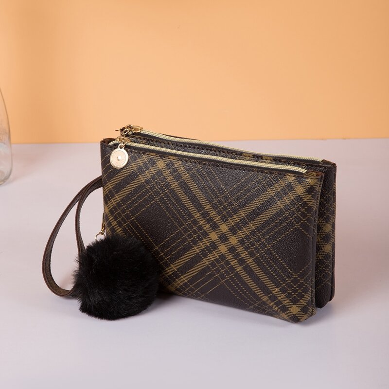 

Plaid Pattern Clutch Bag with Pom Pom Charm, Coffee brown
