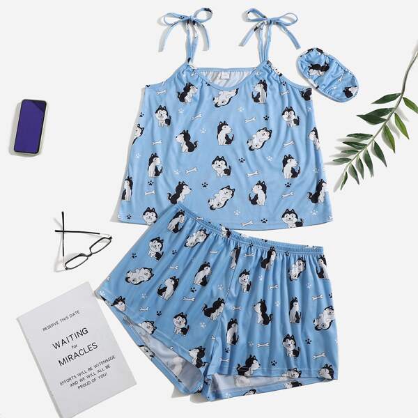 

Plus Cartoon Knot Shoulder Pajama Set With Eyecover, Dusty blue
