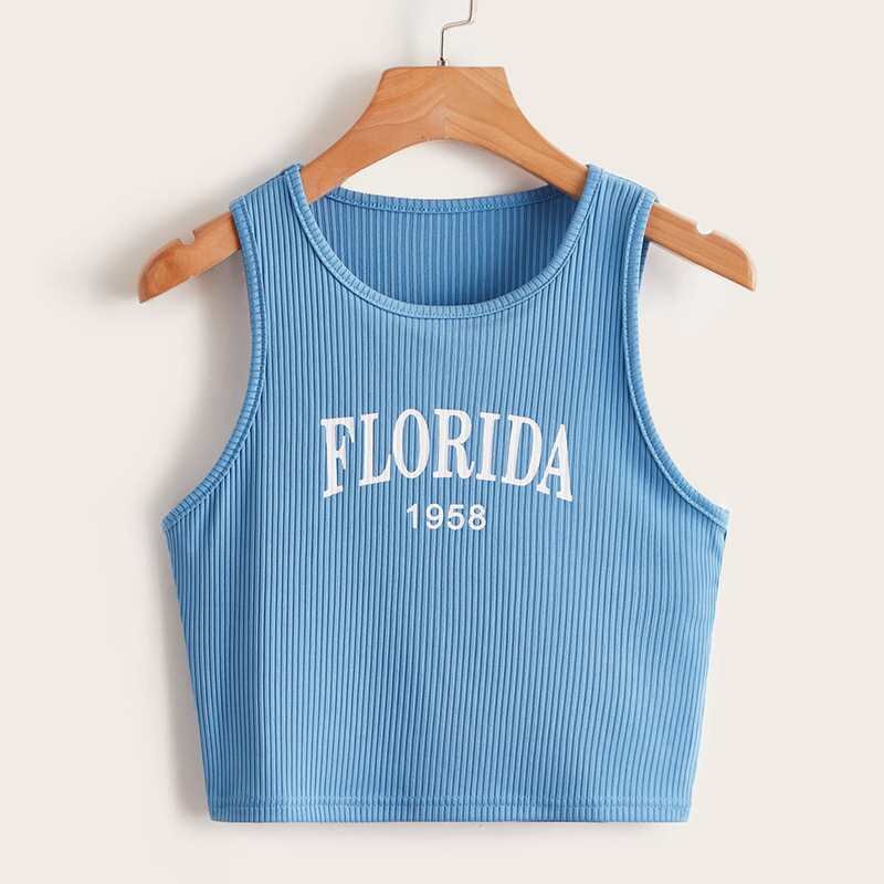 

Letter Graphic Ribbed Knit Tank Top, Baby blue