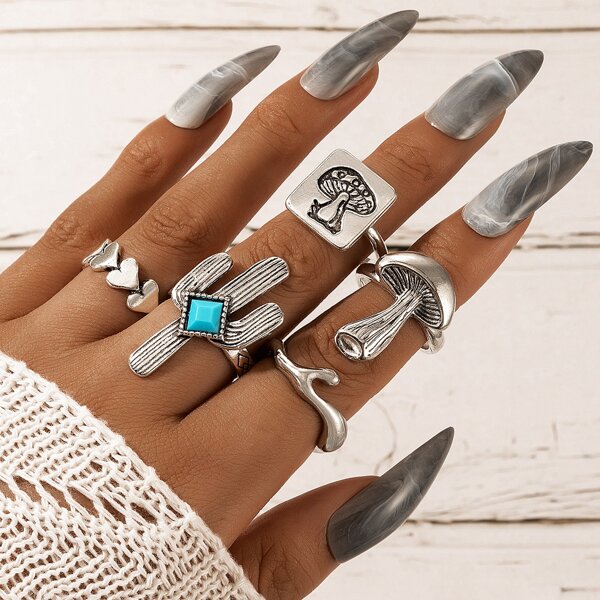 

5pcs Mushroom & Cactus Design Ring, Silver