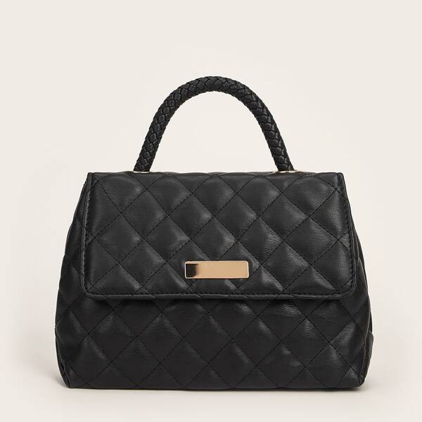 

Solid Quilted Satchel Bag, Black