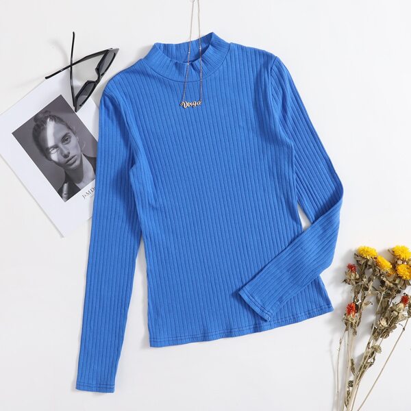 

Mock-Neck Rib-knit Top, Blue