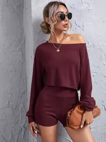 SHEIN Essnce Conjunto top corto tejido de canalé de hombros caídos con shorts de cintura ancha - Granate - Ver 1