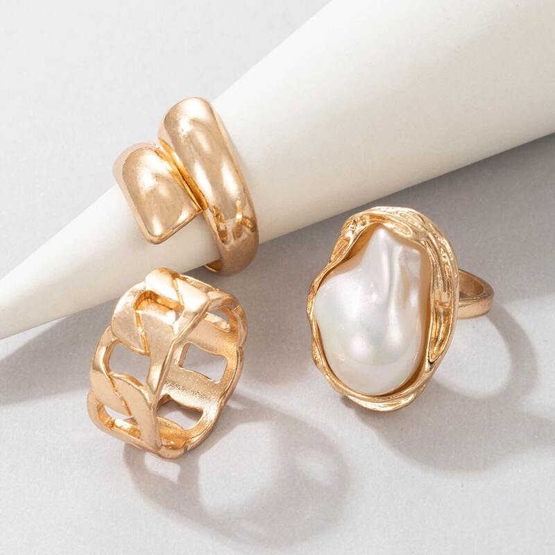 

3pcs Faux Pearl Decor Ring, Gold