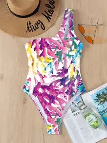Summer Coral Print One Shoulder One Piece Swimsuit - Multicolor - View 1