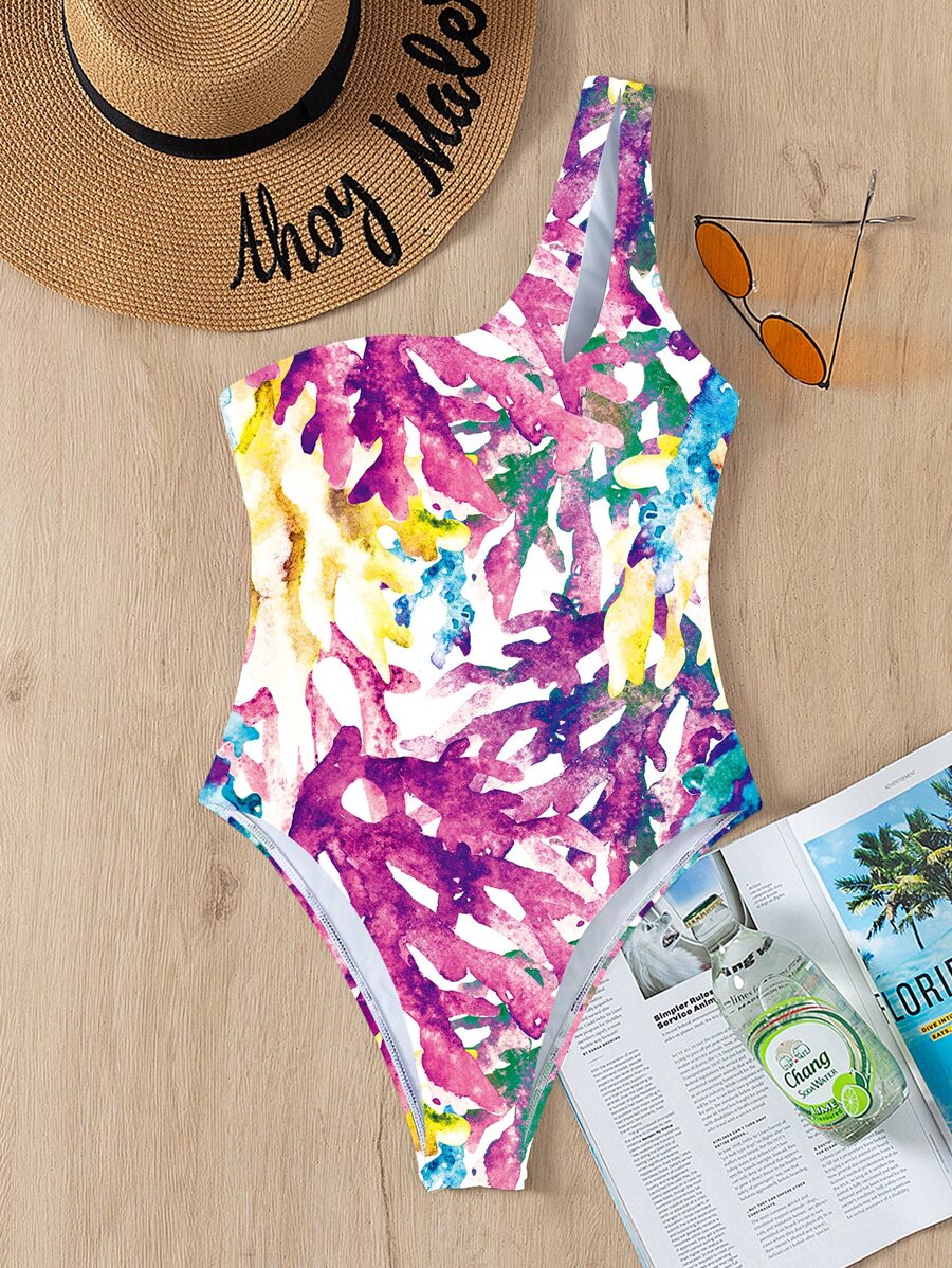 Summer Coral Print One Shoulder One Piece Swimsuit - Multicolor - View 1