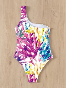 Summer Coral Print One Shoulder One Piece Swimsuit - Multicolor - View 2