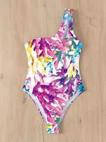 Summer Coral Print One Shoulder One Piece Swimsuit - Multicolor - View 4