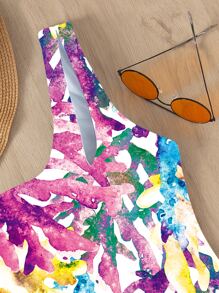 Summer Coral Print One Shoulder One Piece Swimsuit - Multicolor - View 5
