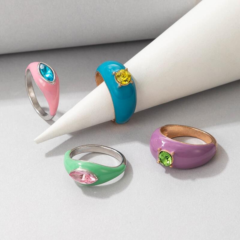 

4pcs Rhinestone Decor Ring, Multicolor