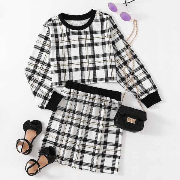 

Girls Plaid Print Pullover & Straight Skirt, Black and white