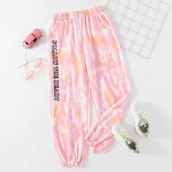 

Girls Tie Dye Slogan Graphic Slant Pockets Sweatpants, Multicolor