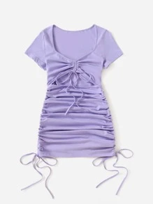 SHEIN EZwear 抽繩結飾抽褶鏤空連衣裙 - 紫丁香色 - 查看 3