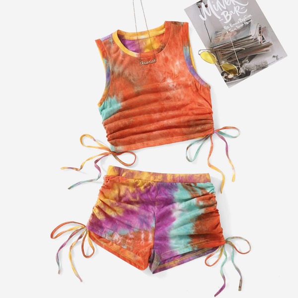 

Tie Dye Drawstring Ruched Knot Side Crop Tank Top & Shorts Set, Multicolor