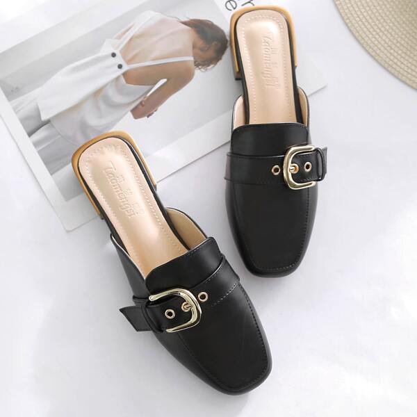 

Buckle Decor Flat Mules, Black