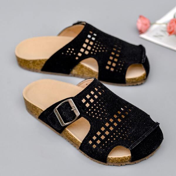 

Girls Buckle Decor Hollow Out Slippers, Black