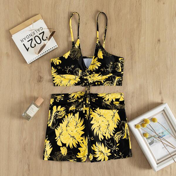 

Floral Print Drawstring Front Shorts Bikini Swimsuit, Multicolor