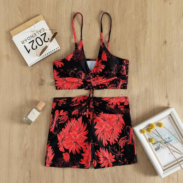 

Floral Print Drawstring Front Shorts Bikini Swimsuit, Multicolor