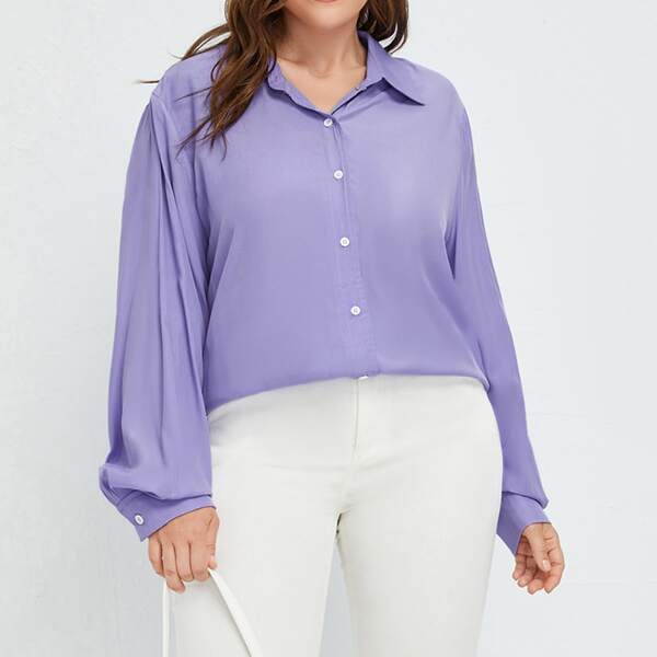 

Plus Bishop Sleeve Button Front Blouse, Purple