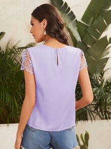 SHEIN LUNE Keyhole Neck Lace Sleeve Top - Lilac Purple - View 2
