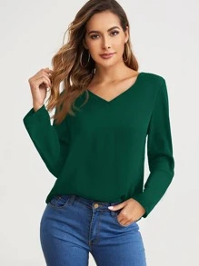 SHEIN Clasi V-neck Roll Tab Sleeve Solid Top - Dark Green - View 1