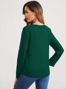SHEIN Clasi V-neck Roll Tab Sleeve Solid Top - Dark Green - View 2