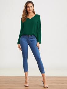 SHEIN Clasi V-neck Roll Tab Sleeve Solid Top - Dark Green - View 3