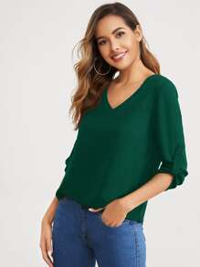 SHEIN Clasi V-neck Roll Tab Sleeve Solid Top - Dark Green - View 4