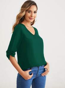 SHEIN Clasi V-neck Roll Tab Sleeve Solid Top - Dark Green - View 5