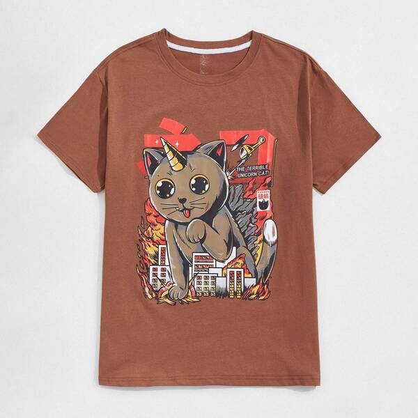 

Unisex Cartoon Graphic Tee, Coffee brown