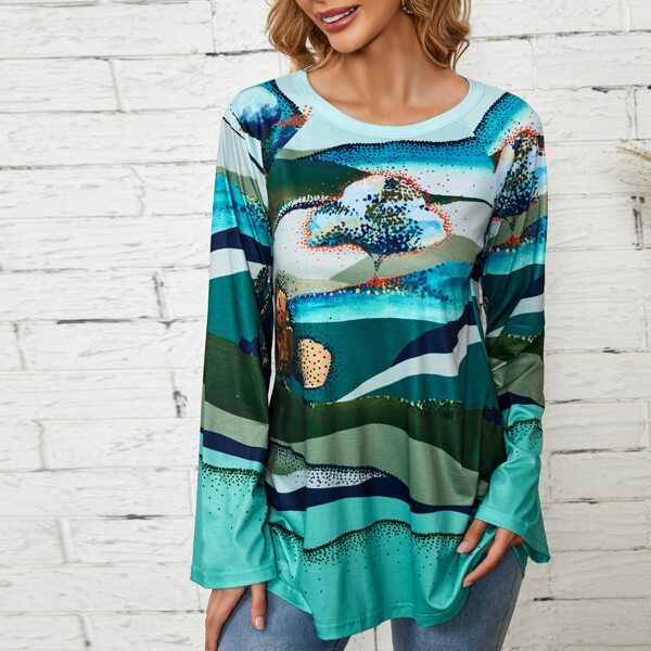 

Graphic Flounce Sleeve Longline Tee, Blue