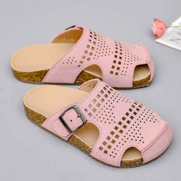 

Girls Buckle Decor Hollow Out Slippers, Pink