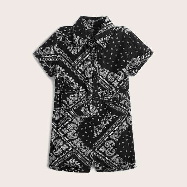 

Toddler Boys Paisley Scarf Print Shirt Romper, Black