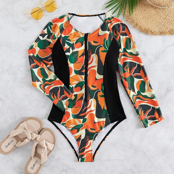 

Plant Print Zip Front One Piece Swimsuit, Multicolor