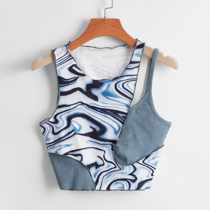 

Colorblock Cut Out Ribbed Tank Top, Blue and white