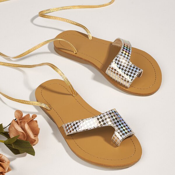 

Toddler Girls Holographic Lace Up Sandals, Gold