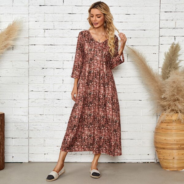 

All Over Print V Neck Dress, Red