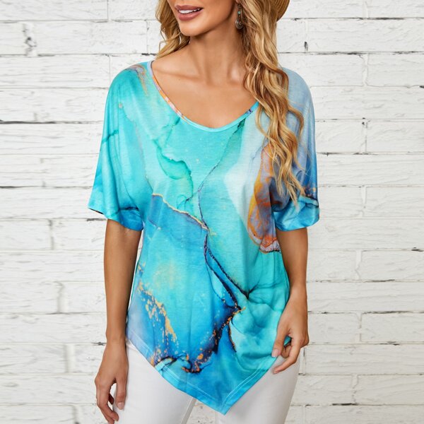 

Graphic Print Hanky Hem Tee, Blue