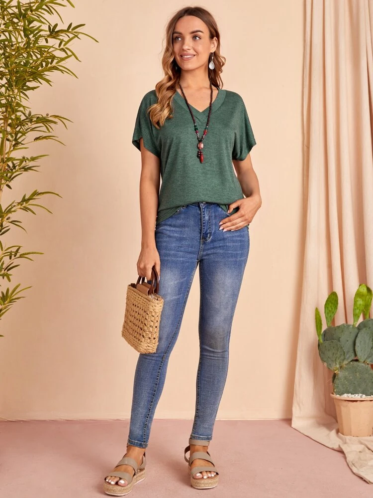 Women's Solid Color V-Neck Batwing Sleeve T-Shirt Casual Teacher T Shirt Going Out Tops Basic Tees