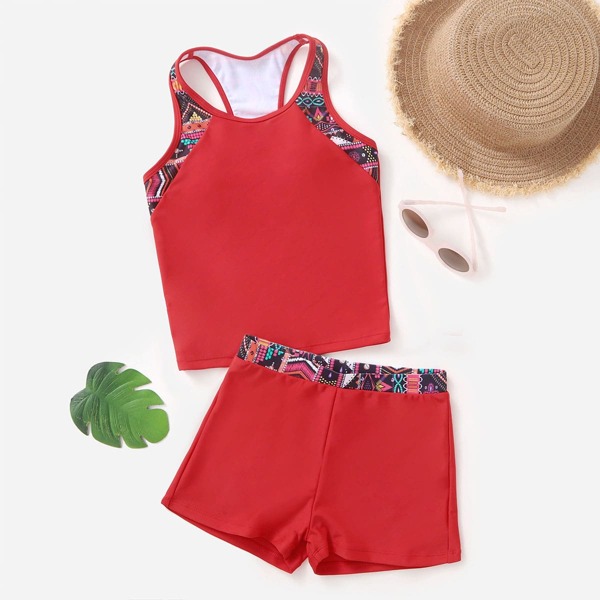

Girls Contrast Trim Shorts Bikini Swimsuit, Red