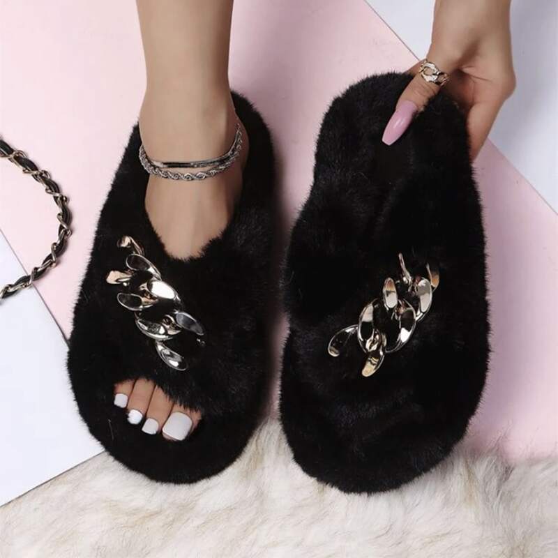 

Fluffy Open Toe Slippers, Black