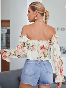 SHEIN Frenchy Top mit gekräuseltem Glockärmeln und Blume Muster - Verschiedenfarbig - Übersicht 2