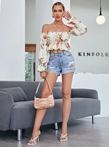 SHEIN Frenchy Top mit gekräuseltem Glockärmeln und Blume Muster - Verschiedenfarbig - Übersicht 5
